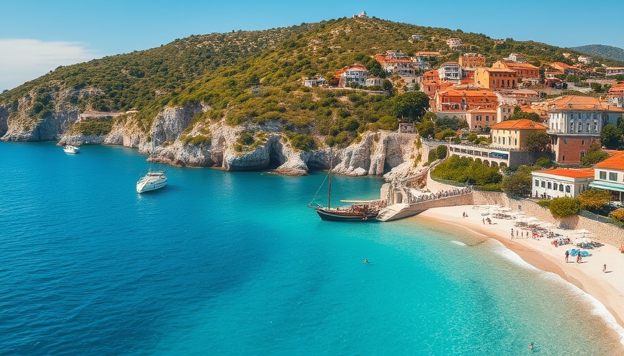 Scenic Croatian beach town with calm waters and boats, 2025.