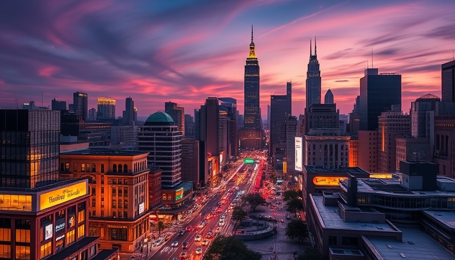 Illuminated cityscape at dusk showcasing modern architecture.