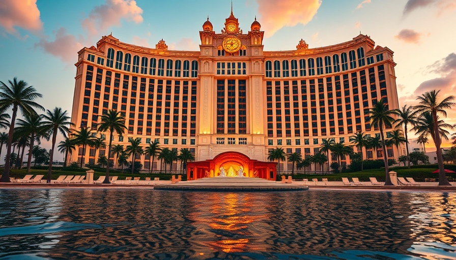 Opulent Atlantis The Palm hotel with sunset and palms.
