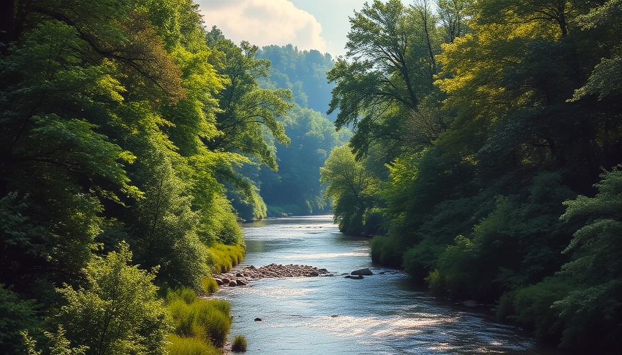 Lush forest and river scene promoting sustainable travel.