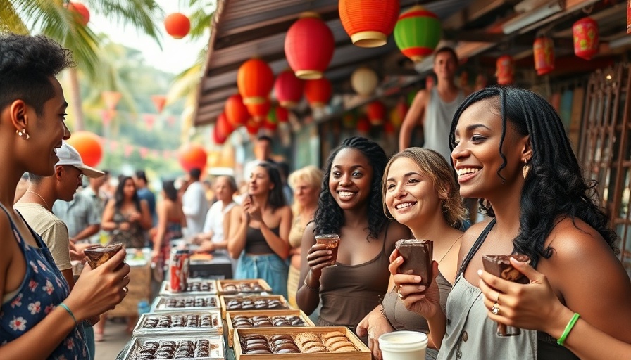 Lively scene at Grenada Chocolate Fest 2025, people enjoying various chocolates.
