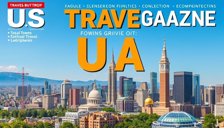 Travel news US magazine cover with scenic US landscape.