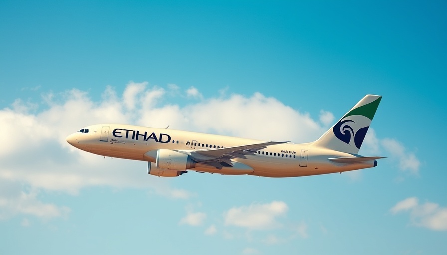Etihad Airways plane flying in blue sky on route to Karachi.
