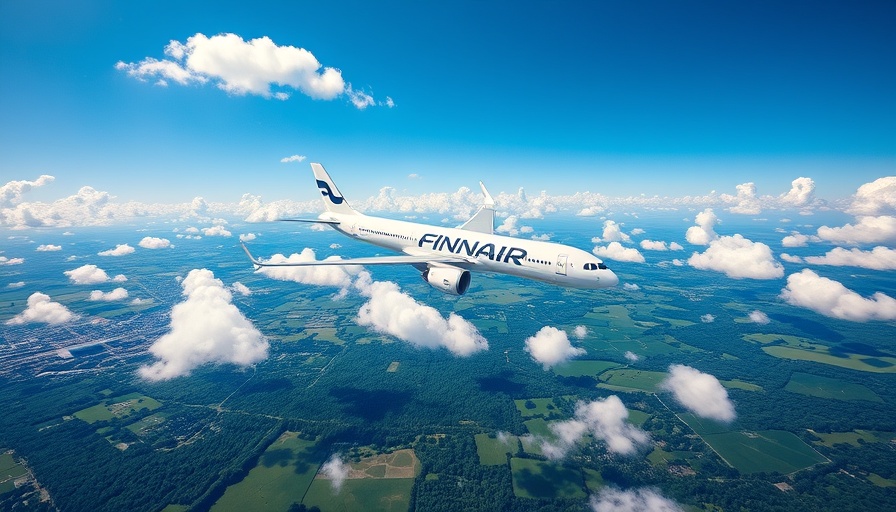 Finnair airplane flying over Toronto skyline under clear skies.