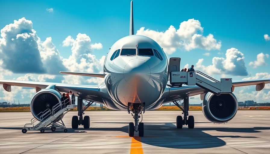 An airplane on the tarmac with passengers boarding; topic: Worst Airports for Delays.