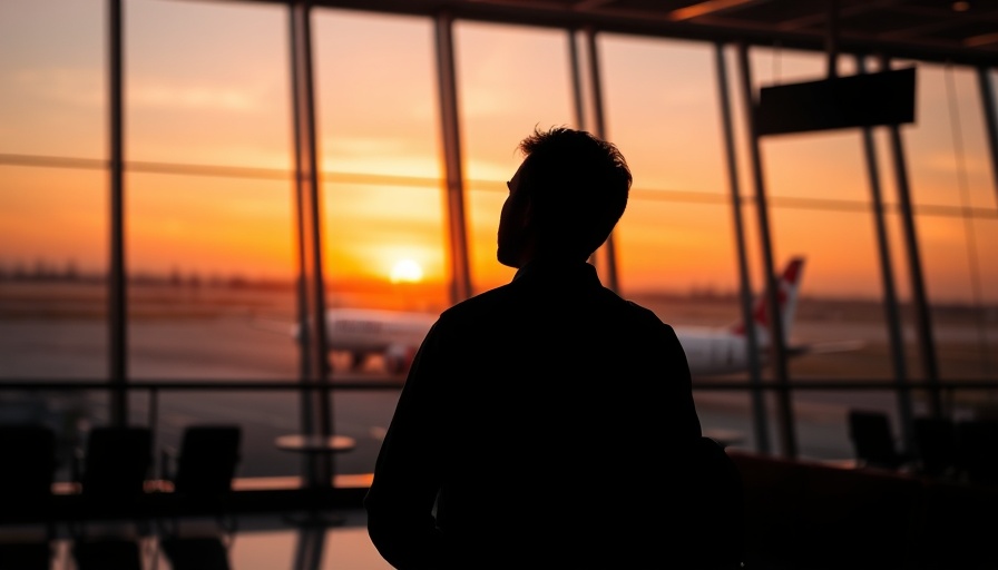 Traveler watching sunrise in airport, flight disruptions summer travel.