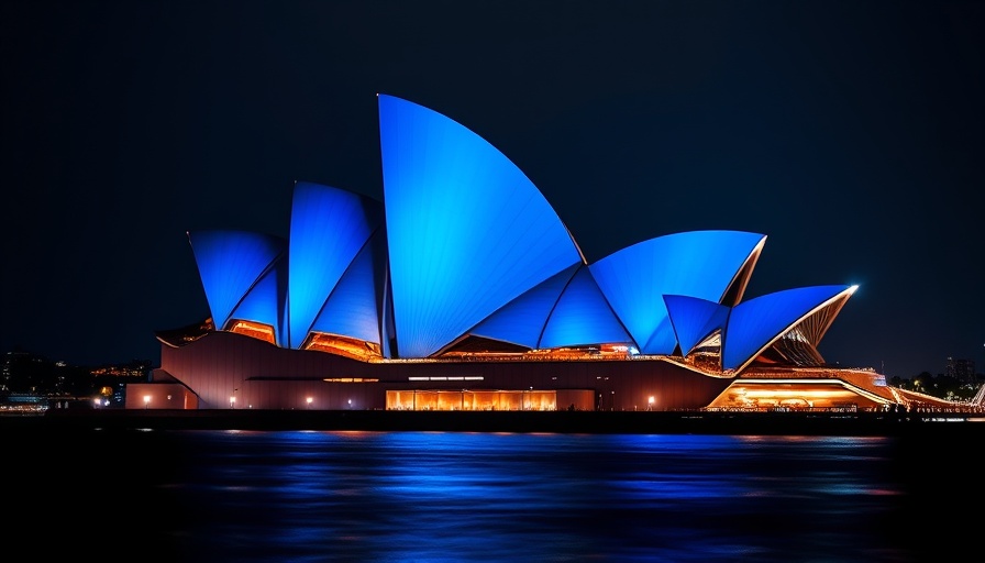 Sydney Opera House illuminated at night, reflecting on water.