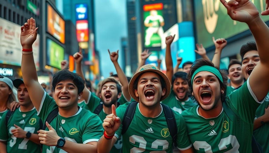 Group of fans celebrating in a city, vibrant sports tourism.