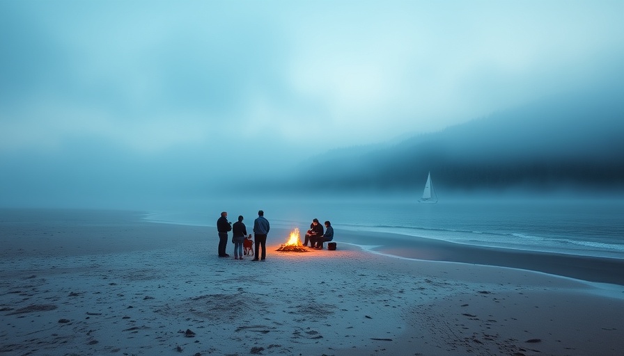 Misty beach gathering with campfire, a sailboat drifts nearby, illustrating how to pick a travel destination.