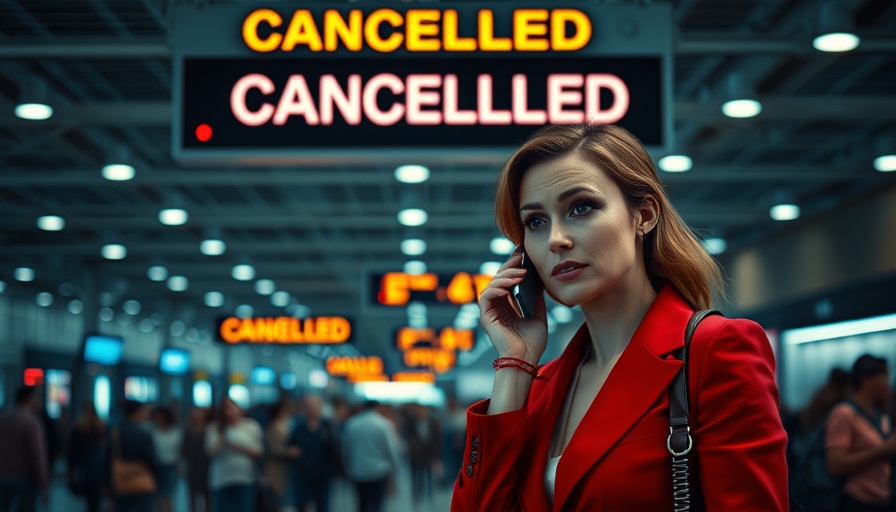 Concerned woman at airport amid cancellations, highlighting travel challenges.