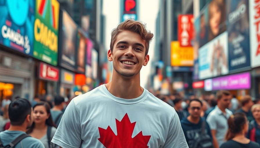 Man in Canada t-shirt smiling in vibrant city amid billboards.