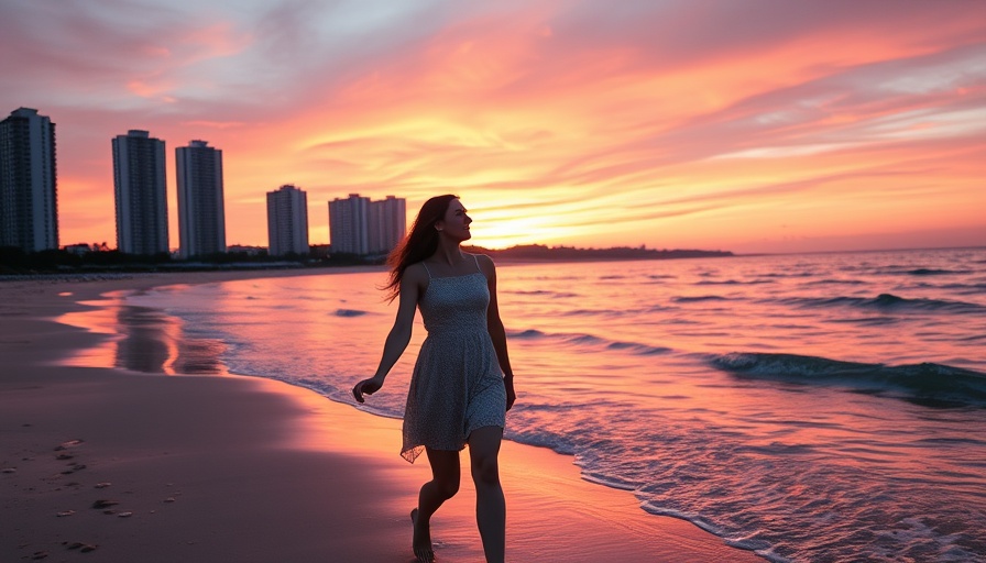 Romantic beach sunset with couple walking, vibrant scenery.