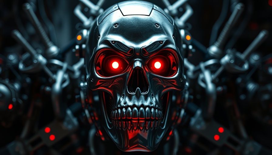 Futuristic skull sculpture with red glowing eyes at cultural events today.