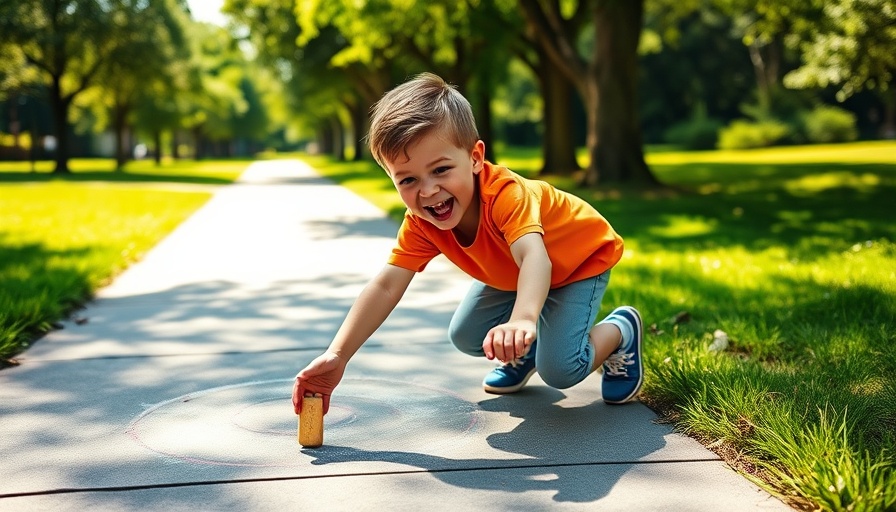 Young boy enjoying fun family activity with chalk target outdoors.