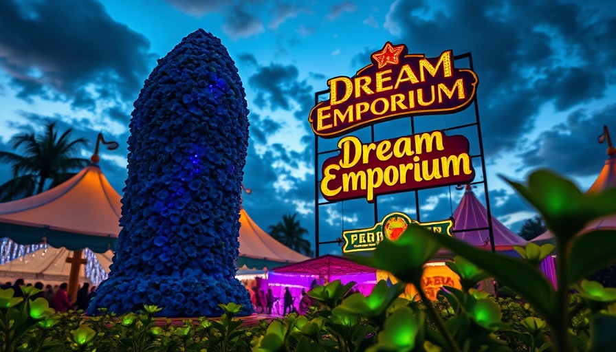 EForest festival tips: Dream Emporium at twilight with glowing sculptures.