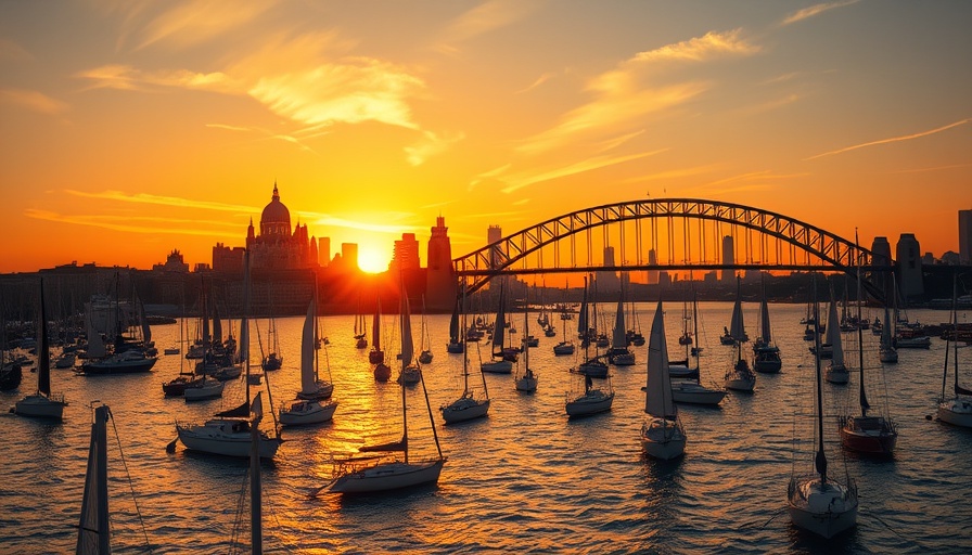 Budget travel sunset harbor scene with sailboats and skyline.
