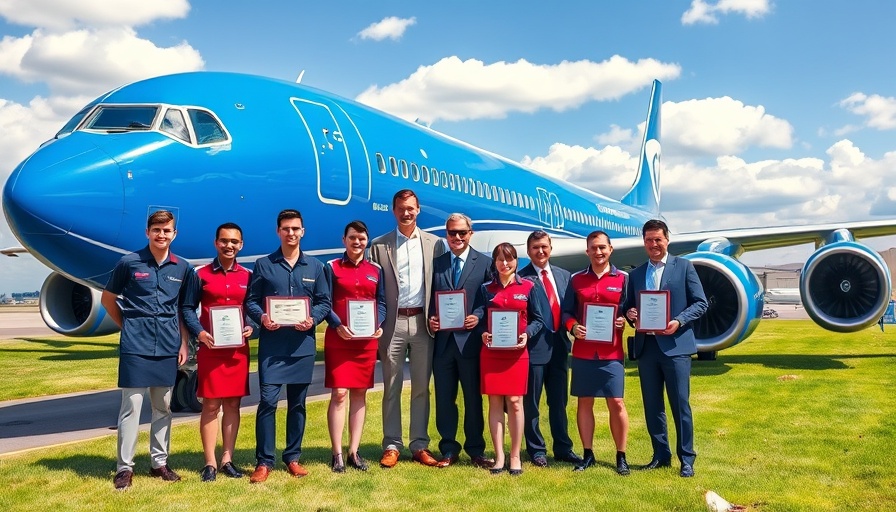 Airline crew holding awards in front of airplane, world's best airline.