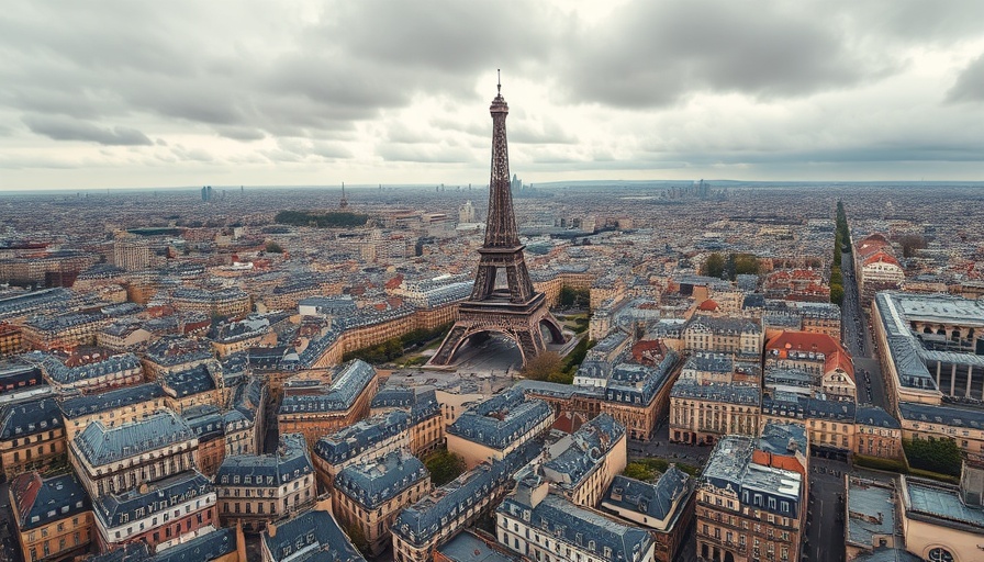 Aerial view of Paris and Eiffel Tower under cloudy skies, showcasing affordable Paris tours.