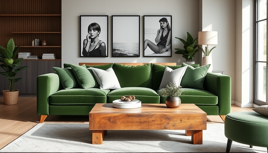 Modern living room at Sonder by Marriott Bonvoy with green sofa and art.
