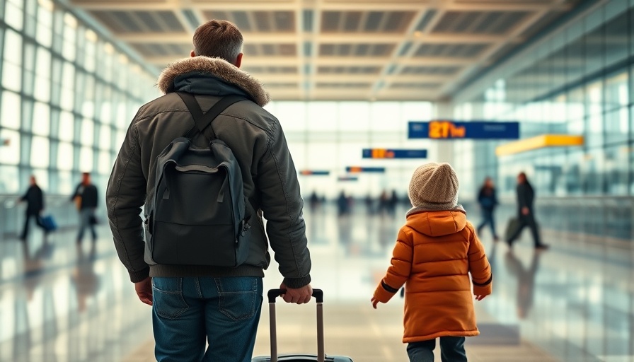 Man and child in airport choosing a travel destination.