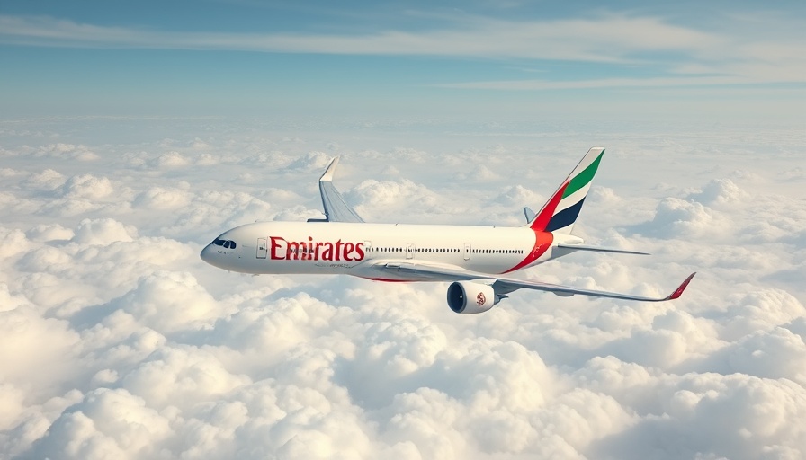 Emirates airplane cruising over clouds, boosting services to Barcelona.