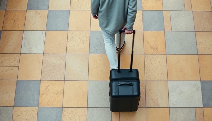 Overhead view of person with cabin baggage on tiled walkway