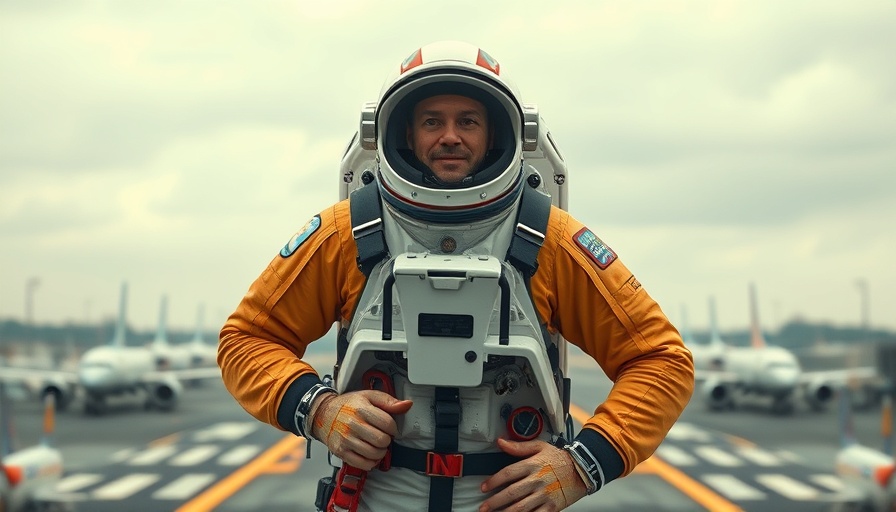 Confident astronaut on a historical space mission at airport runway.