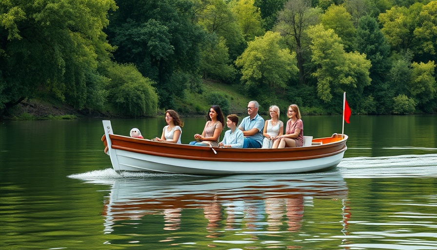 Serene family adventure fashion river cruise on lush green river.
