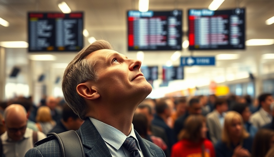 Businessman at airport checking flight delays on terminal board.