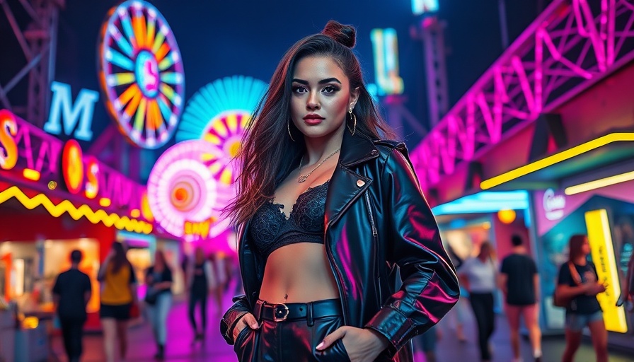 Stylish woman at cultural event with neon festival lights.