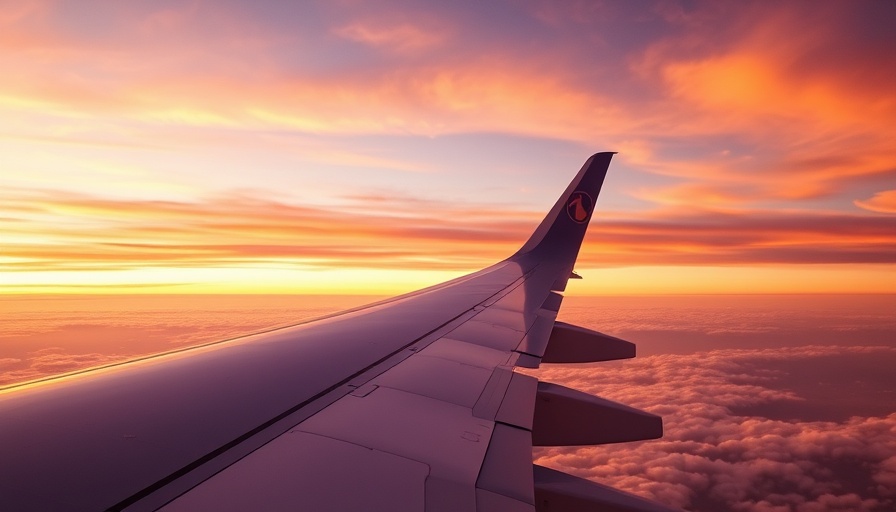 Air New Zealand airplane wing view against sunset sky.