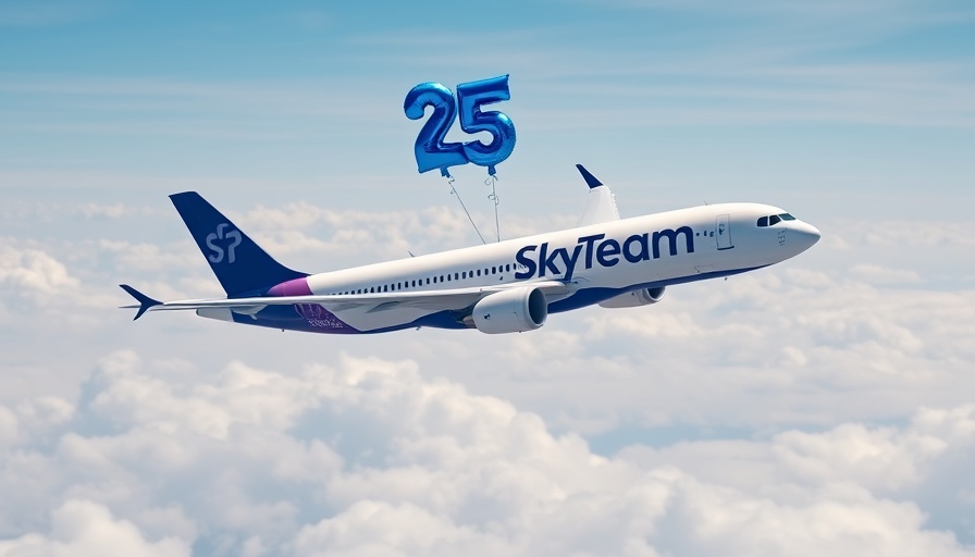 SkyTeam airplane with 25 balloons flying, connected travel experiences.