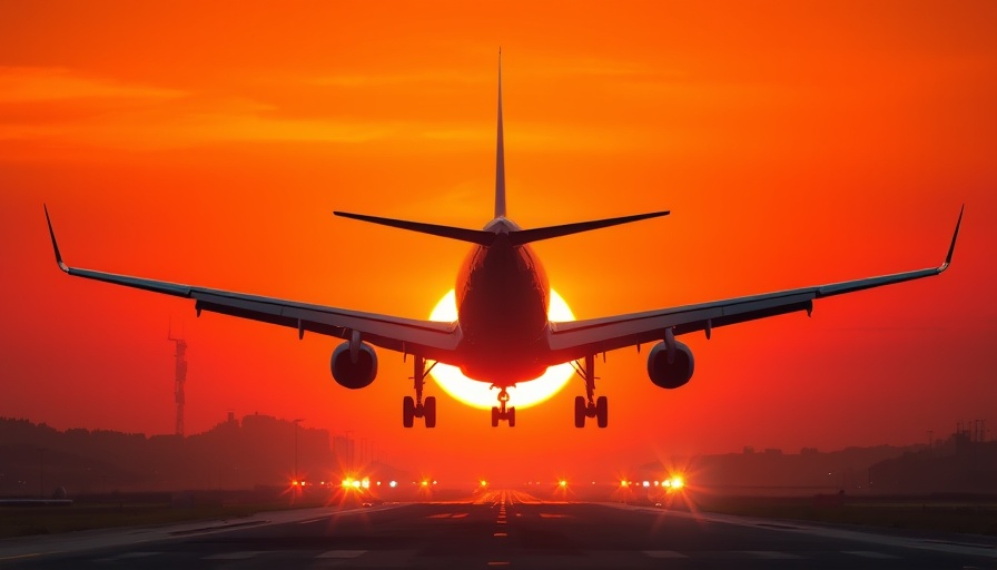 Airplane landing at sunset, perfect for family travelling imagery.
