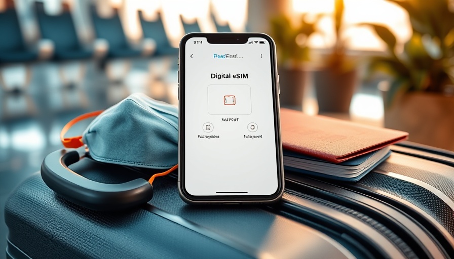 Smartphone with eSIM on suitcase for cheap travel