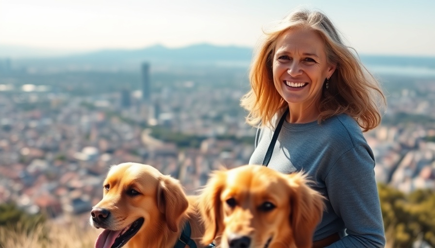 Family traveling with pets: Woman with dog on a hilltop