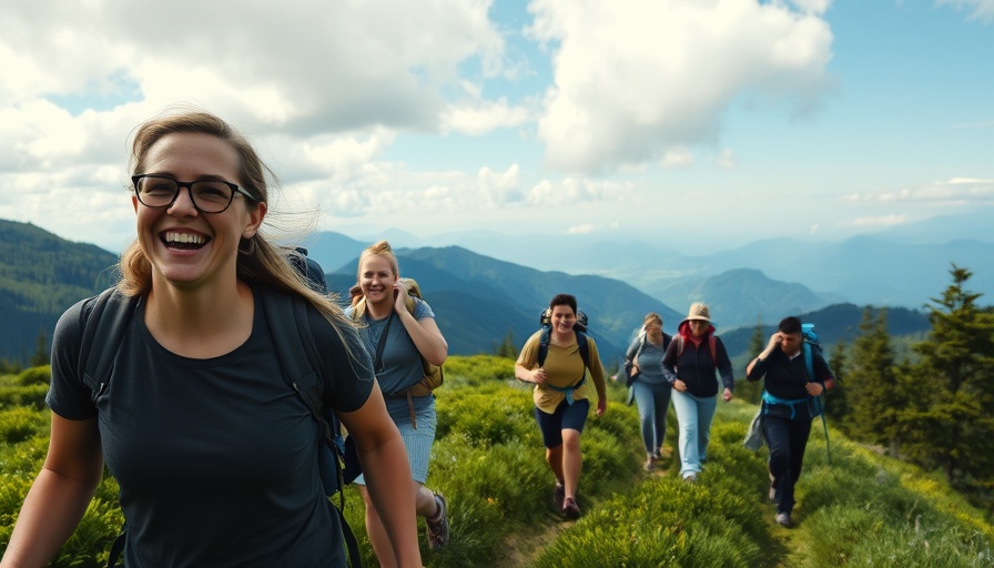 Group hiking scenic mountain trail, new active adventures for travelers in their 30s and 40s.