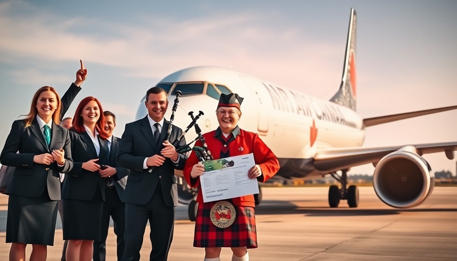 Air Canada staff and bagpiper celebrate Edinburgh to Montréal flight.