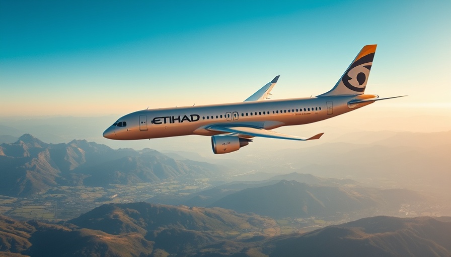 Etihad Airways airplane soaring over mountains during summer travel.