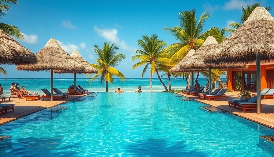 Tropical pool scene with families enjoying their travel.