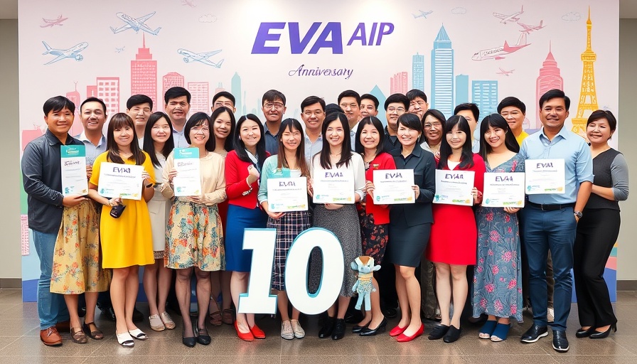 EVA Air Houston Taipei route celebration with group holding signs.