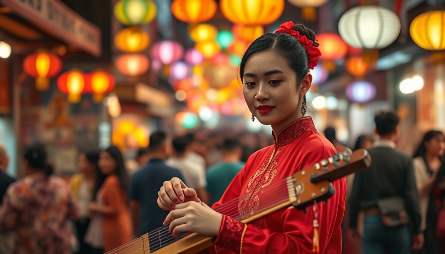 Woman in red dress playing zither at lively market, how to choose travel destination.