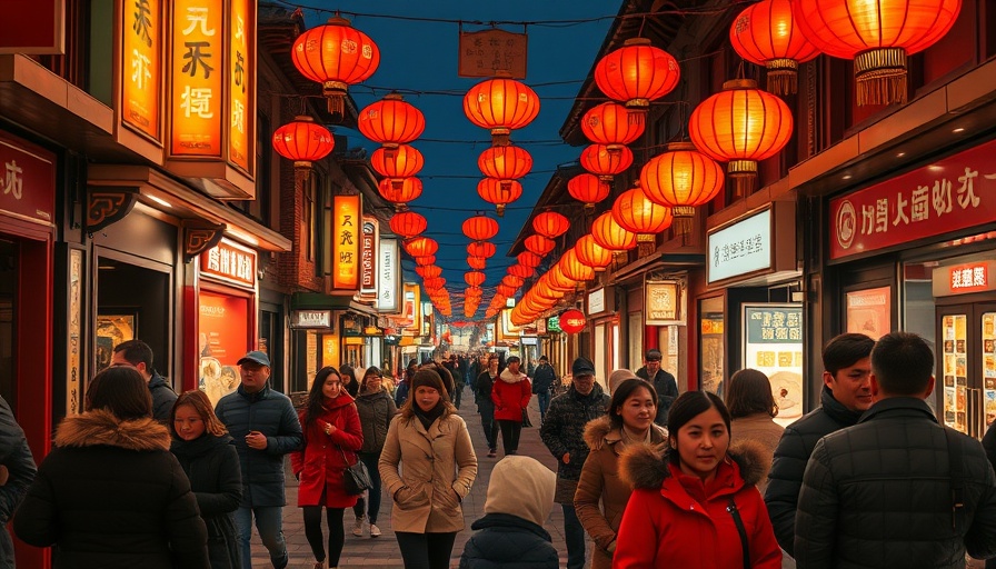 Bustling street scene under red lanterns, winter coats, picking a travel destination.