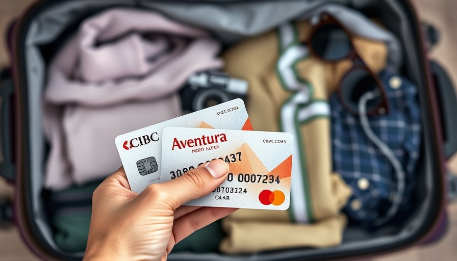 Hand holding CIBC Aventura cards over open suitcase for travel.