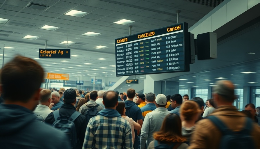 Crowded airport with cancelled flights due to severe weather.