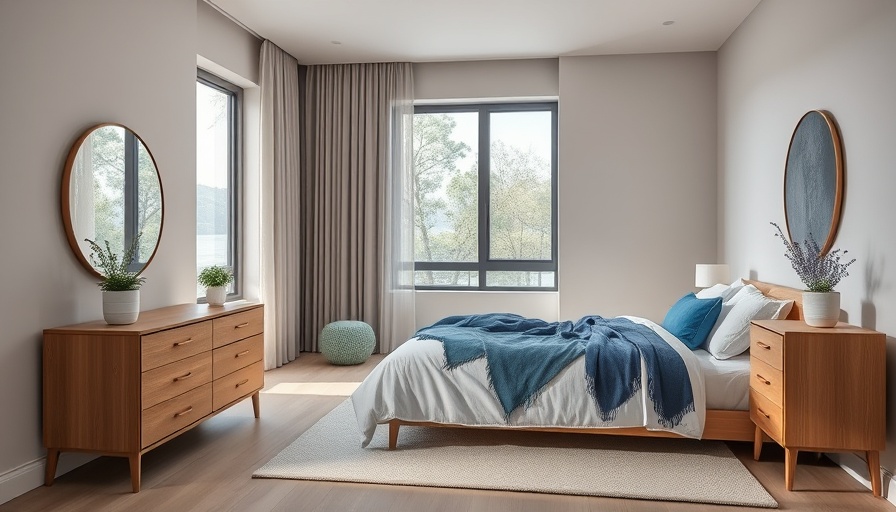 Elegant vacation rental bedroom with blue accents and scenic views.