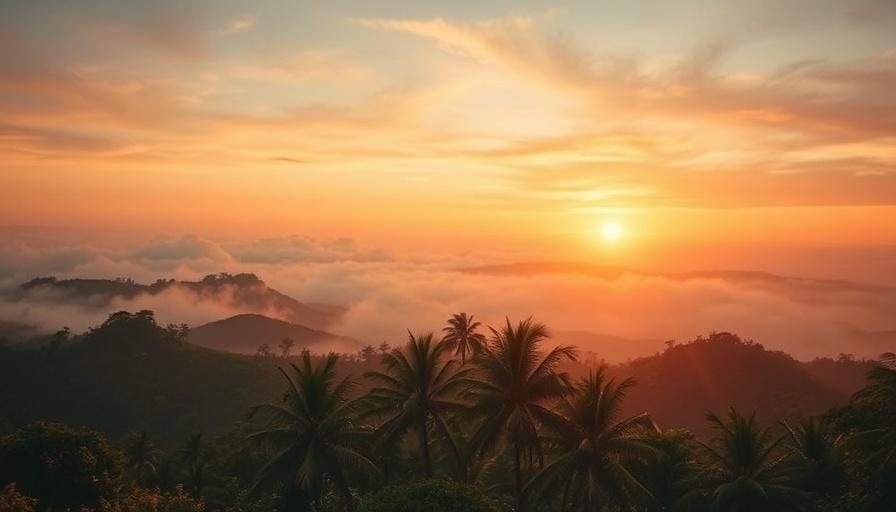 Breathtaking sunrise view of misty tropical hills.
