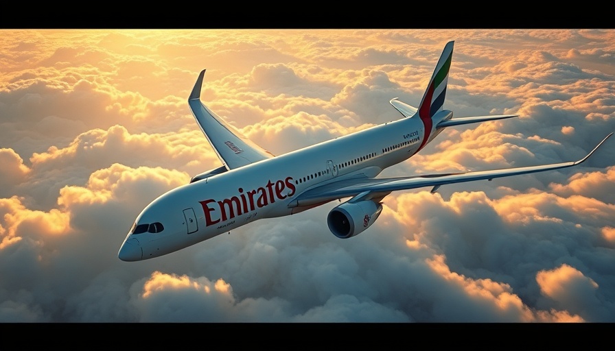 Emirates A350 aircraft flying amidst clouds at sunrise.