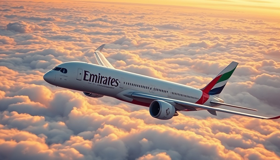Emirates A350 flying over clouds, sunrise in background.