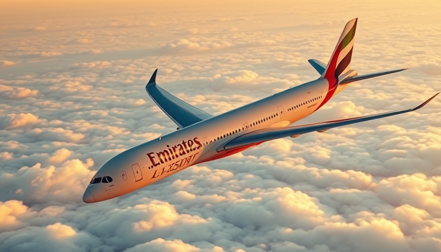 Emirates A350 flying above clouds at sunrise