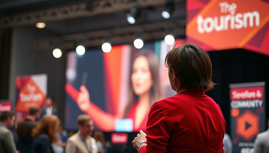 Event showcasing community tourism films with vibrant display screen.